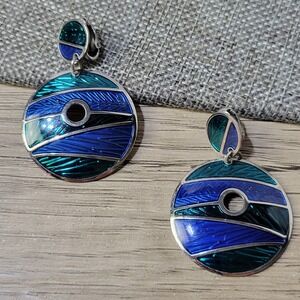 Edgar Berebi clip-on earrings teal blue enamel silver-tone dangle hoops vintage